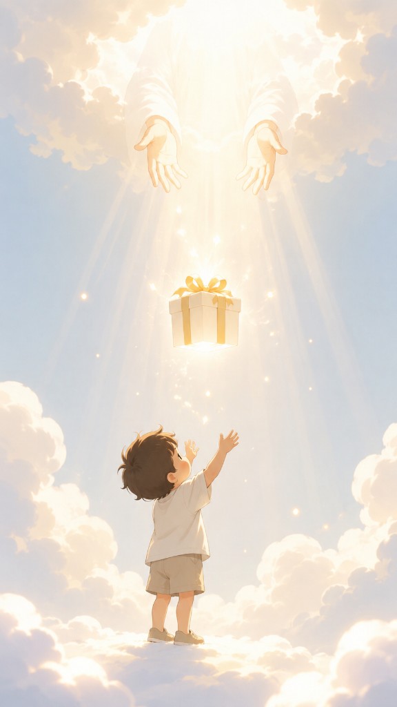 Young boy reaching up to receive a gift from heavenly hands phone wallpaper