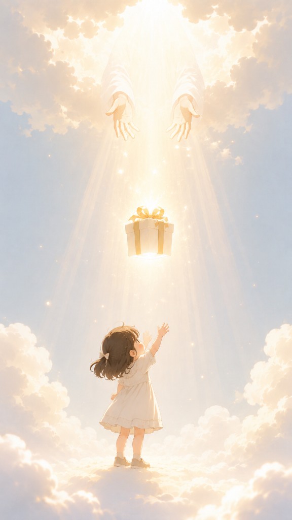 Young girl reaching up to receive a gift from heavenly hands phone wallpaper