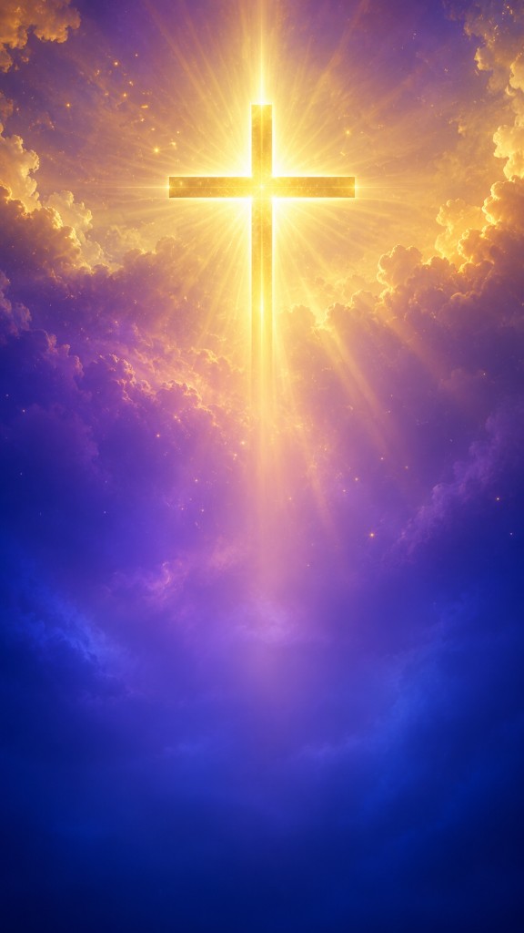 Glowing golden cross radiating light in a blue and purple sky phone wallpaper